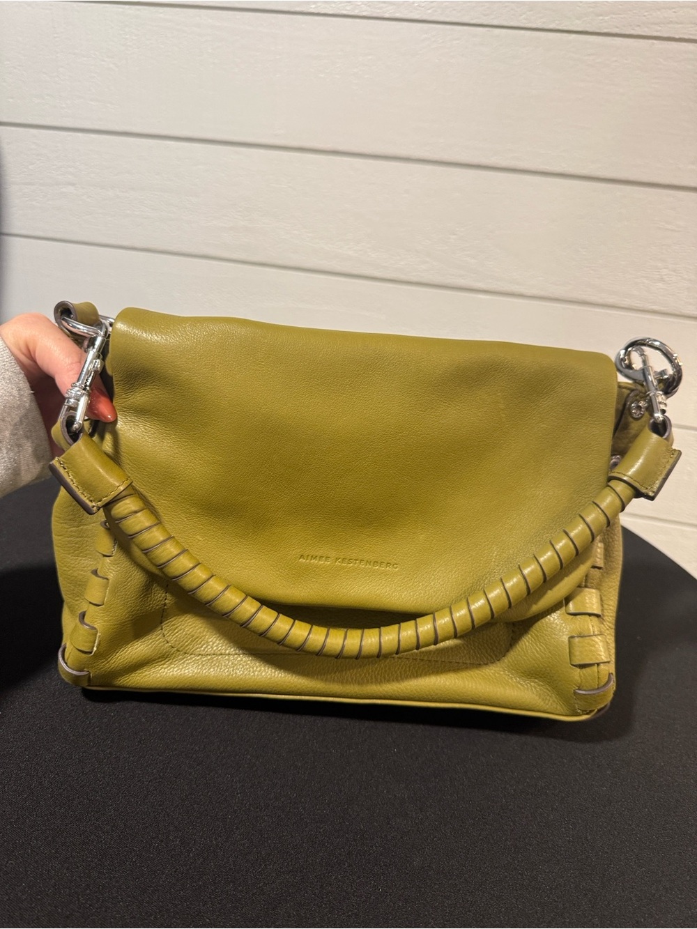 Aimee Kestenberg Olive Green Leather Shoulder Bag- silver accents